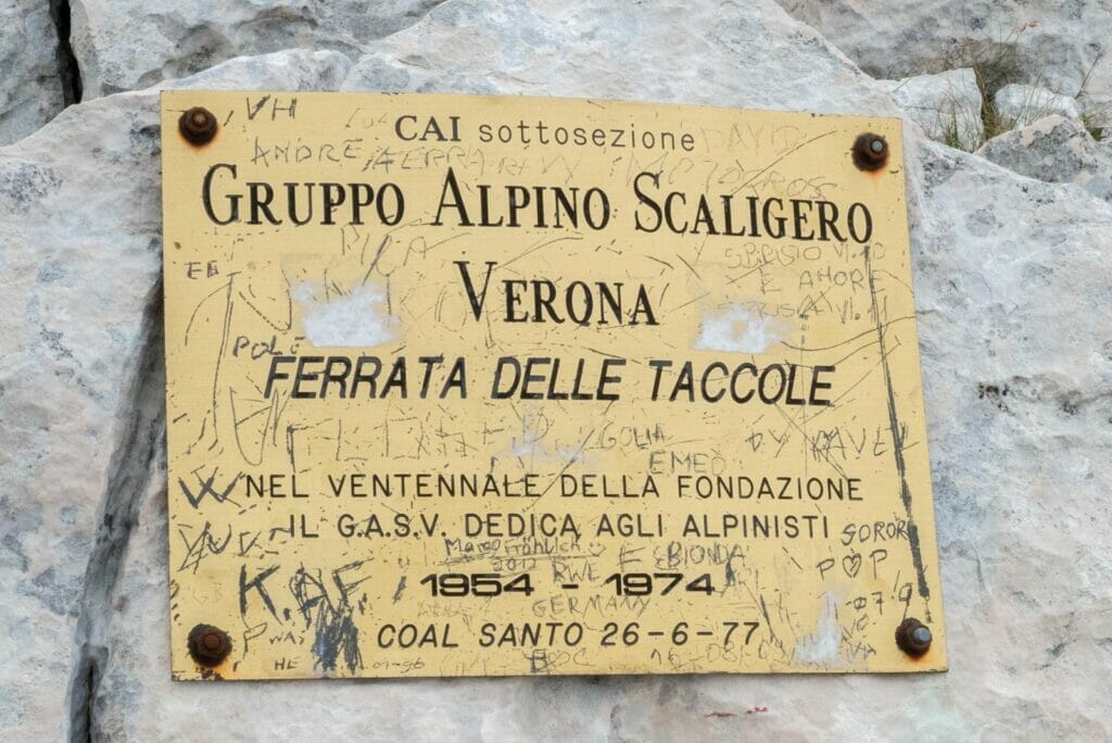 plaque with name via ferrata of taccole