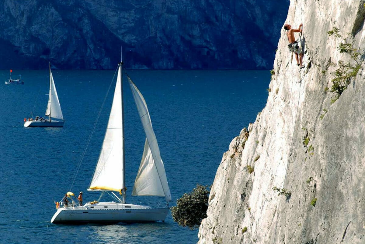 vertical slab on the lake with boat