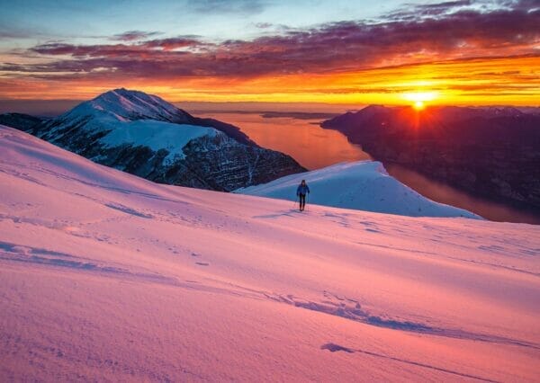 ski touring at dusk